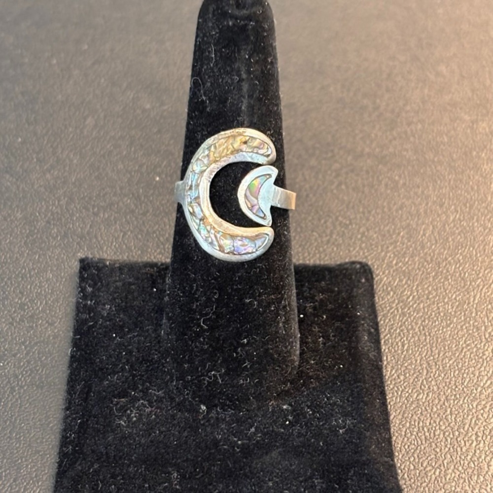 Vintage Taxco Mexico Sterling Silver Abalone Inlay Moon Shaped Ring Adjustable